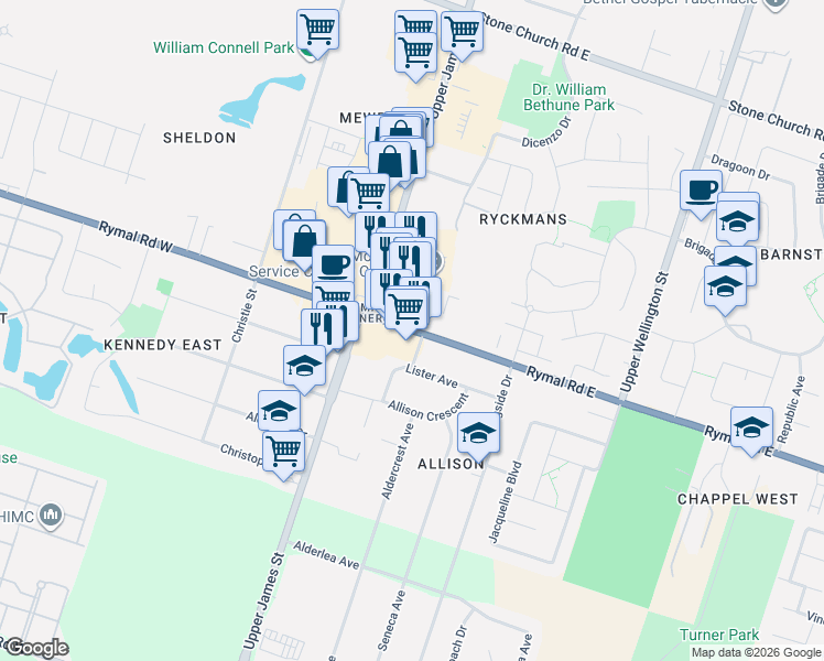 map of restaurants, bars, coffee shops, grocery stores, and more near 41 Rymal Road East in Hamilton