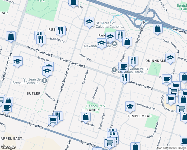 map of restaurants, bars, coffee shops, grocery stores, and more near 20 Normajean Avenue in Hamilton