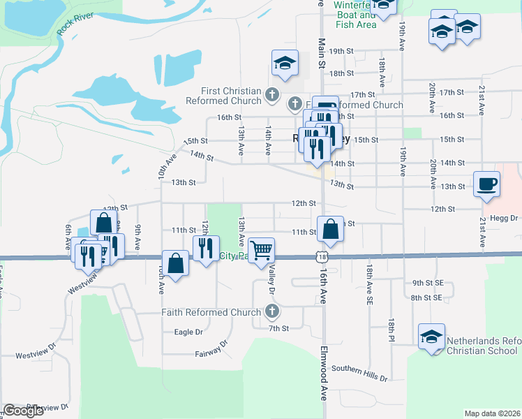 map of restaurants, bars, coffee shops, grocery stores, and more near 1317 11th Street in Rock Valley