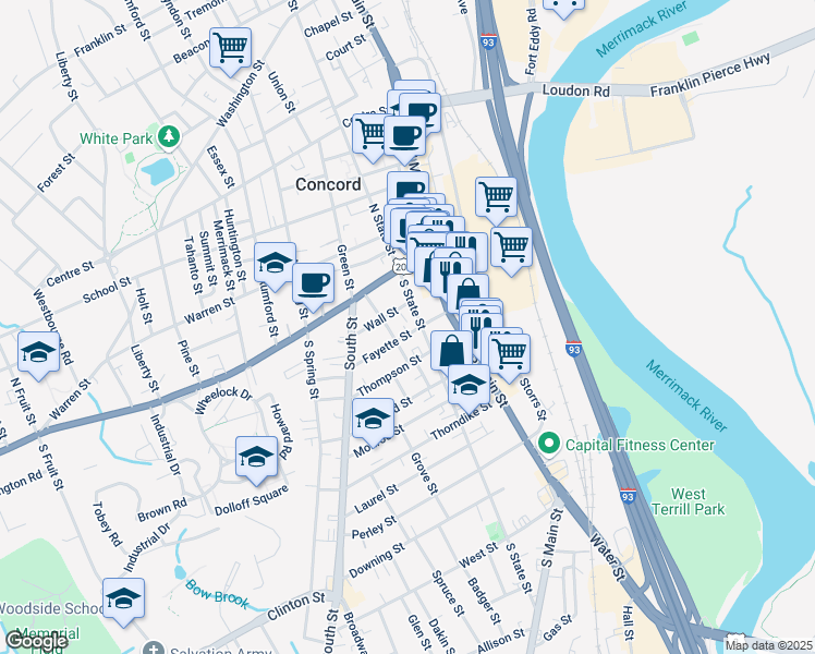 map of restaurants, bars, coffee shops, grocery stores, and more near 10 Thompson Street in Concord