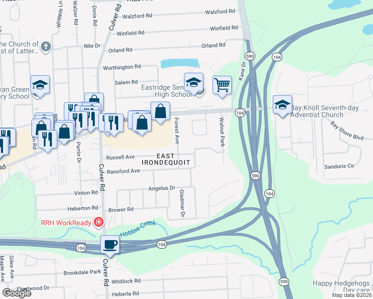 map of restaurants, bars, coffee shops, grocery stores, and more near 24 Forest Avenue in Rochester