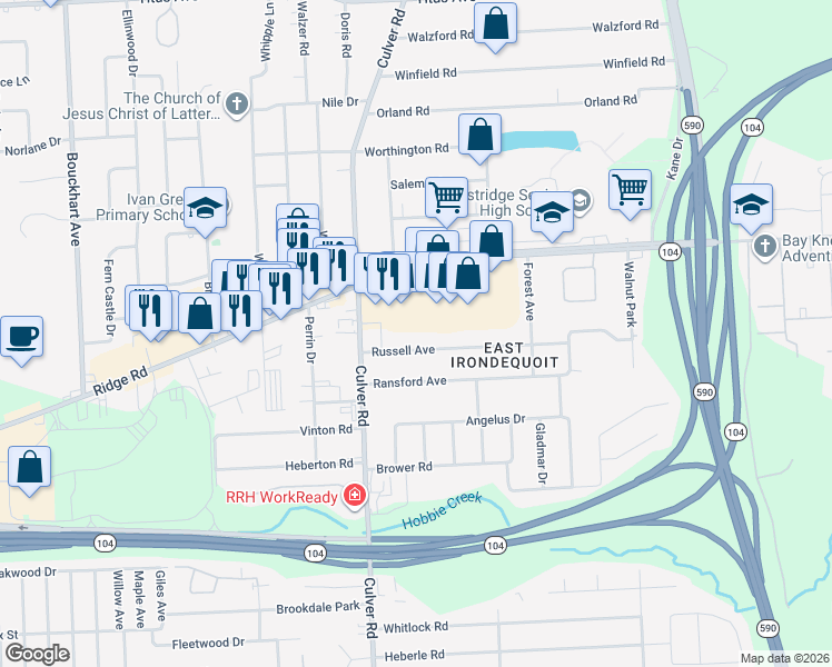 map of restaurants, bars, coffee shops, grocery stores, and more near 93 Russell Avenue in Irondequoit