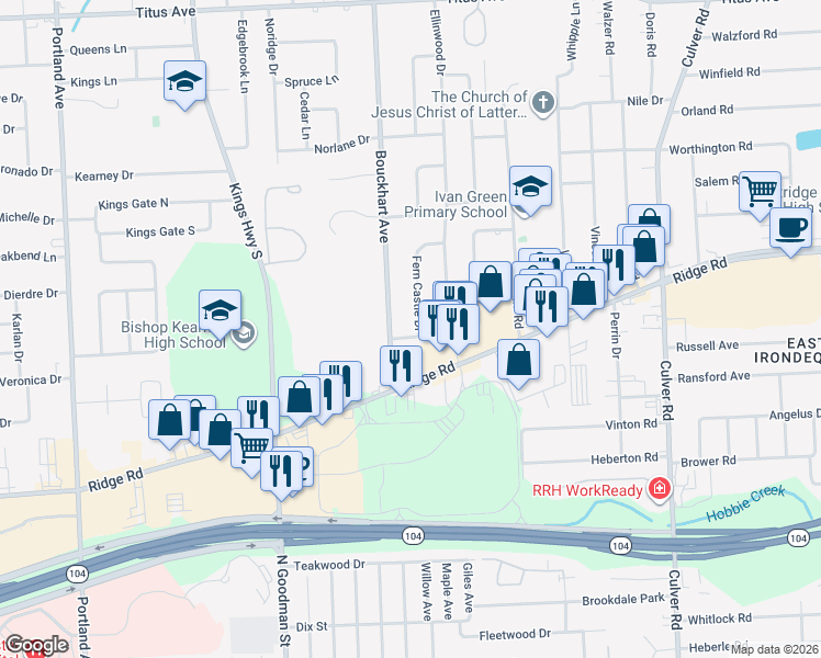 map of restaurants, bars, coffee shops, grocery stores, and more near 1738 East Ridge Road in Rochester