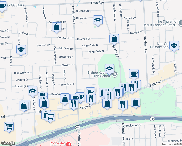 map of restaurants, bars, coffee shops, grocery stores, and more near 1 Sandhurst Drive in Rochester