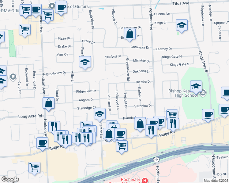 map of restaurants, bars, coffee shops, grocery stores, and more near 109 Driftwood Lane in Rochester