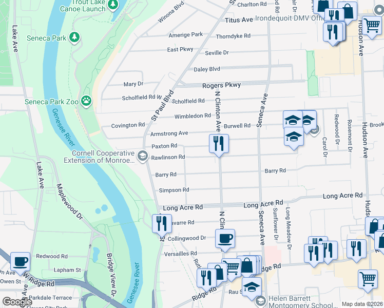 map of restaurants, bars, coffee shops, grocery stores, and more near 153 Rawlinson Road in Rochester
