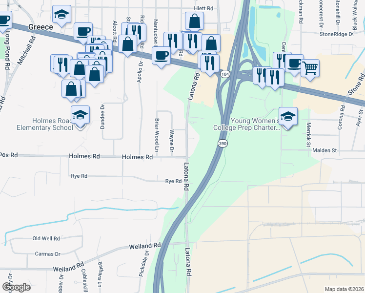 map of restaurants, bars, coffee shops, grocery stores, and more near 2 Holmes Road in Rochester