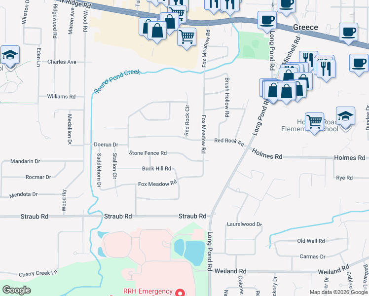map of restaurants, bars, coffee shops, grocery stores, and more near 40 Stone Fence Road in Rochester