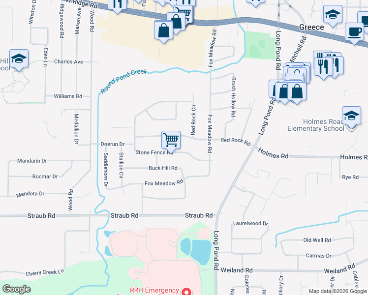 map of restaurants, bars, coffee shops, grocery stores, and more near 89 Stone Fence Road in Rochester
