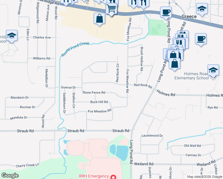 map of restaurants, bars, coffee shops, grocery stores, and more near 89 Stone Fence Road in Rochester