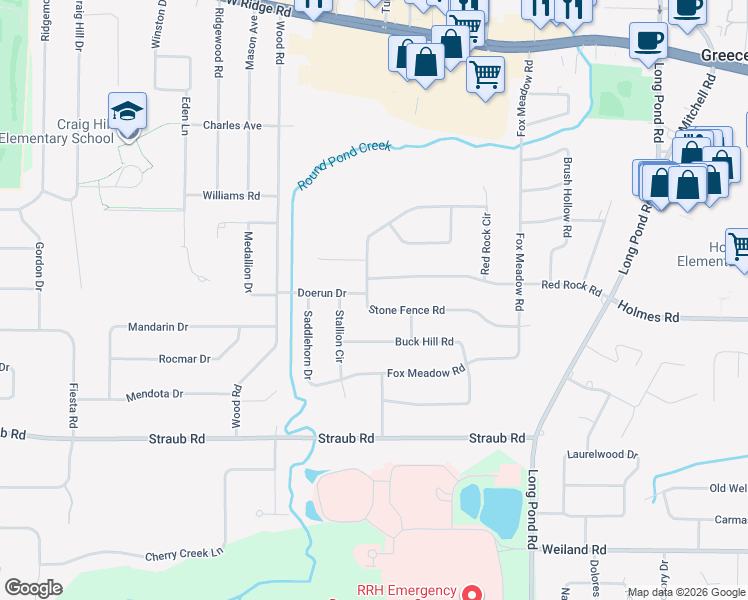 map of restaurants, bars, coffee shops, grocery stores, and more near 203 Stone Fence Road in Rochester