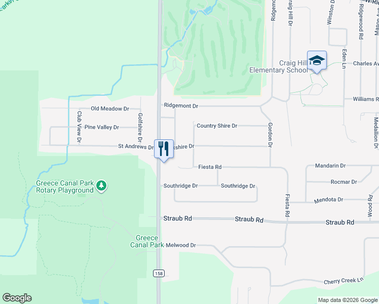 map of restaurants, bars, coffee shops, grocery stores, and more near 458 Fiesta Road in Rochester