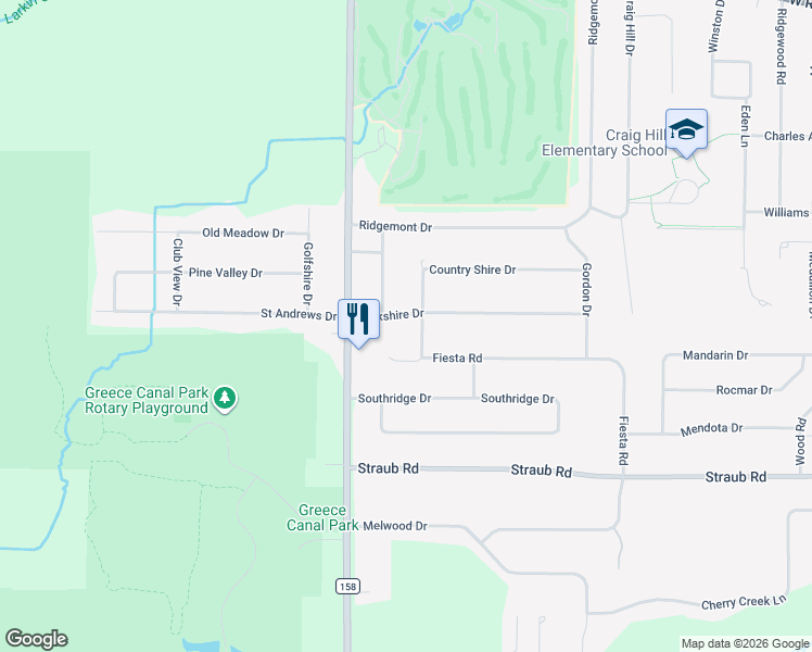 map of restaurants, bars, coffee shops, grocery stores, and more near 458 Fiesta Road in Rochester