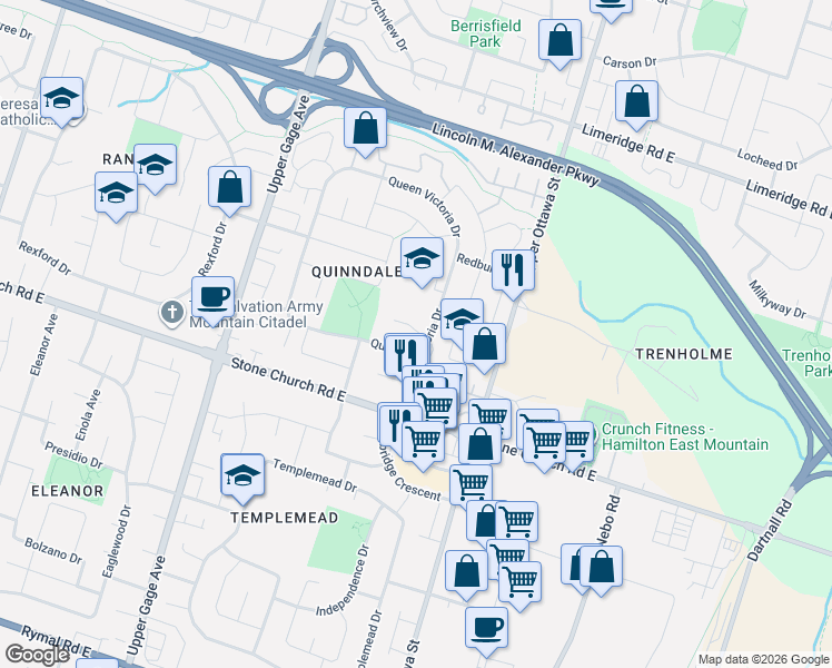 map of restaurants, bars, coffee shops, grocery stores, and more near 415 Queen Victoria Drive in Hamilton