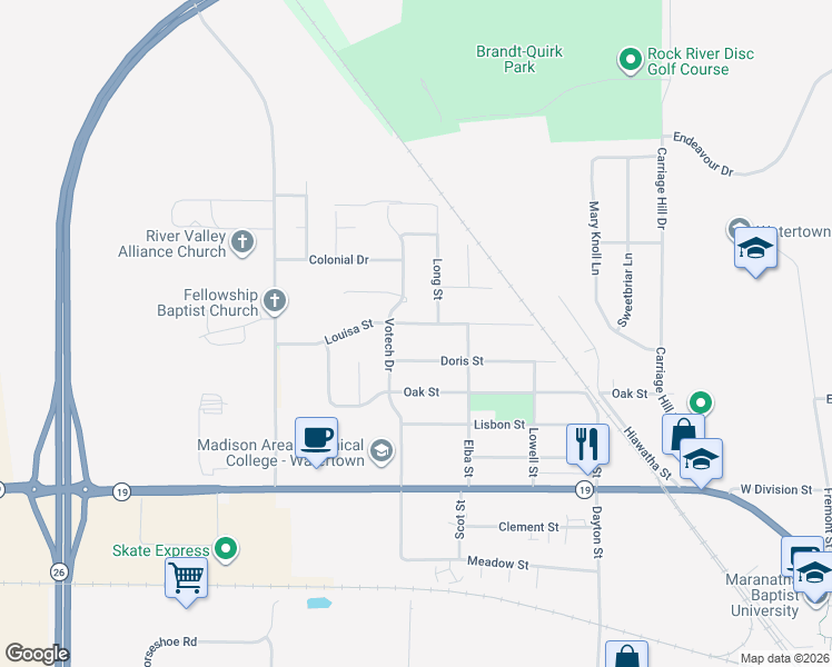 map of restaurants, bars, coffee shops, grocery stores, and more near 1222 Doris Street in Watertown