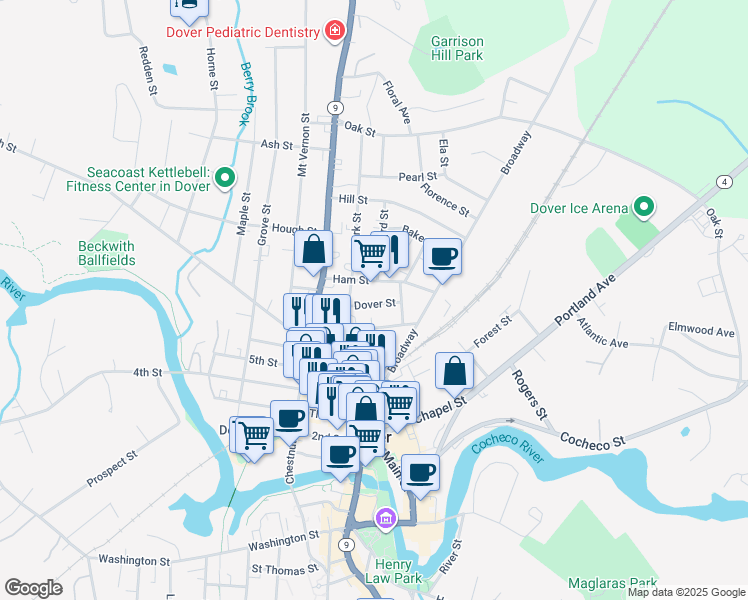 map of restaurants, bars, coffee shops, grocery stores, and more near 18 Dover Street in Dover