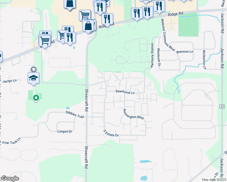 map of restaurants, bars, coffee shops, grocery stores, and more near 127 Deerhurst Lane in Webster