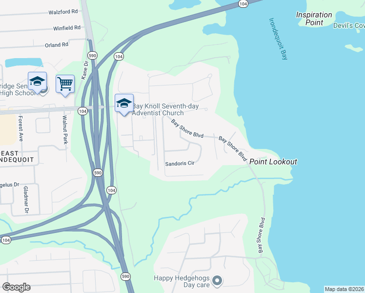 map of restaurants, bars, coffee shops, grocery stores, and more near 55 San Marie Drive in Irondequoit