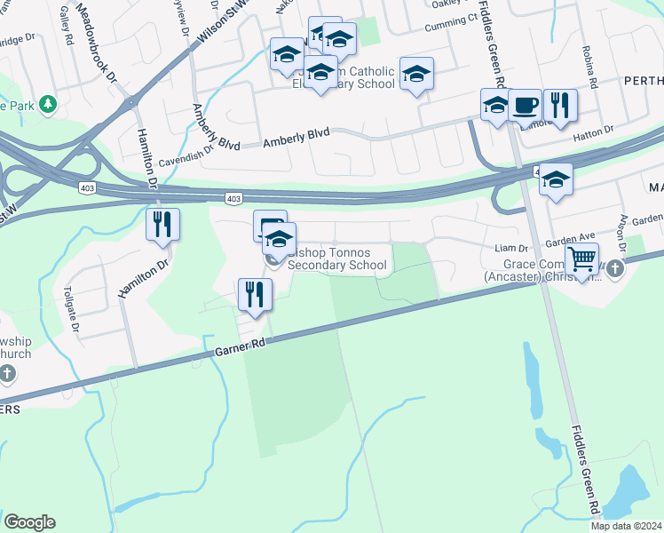 map of restaurants, bars, coffee shops, grocery stores, and more near 60 Blasdell Court in Hamilton