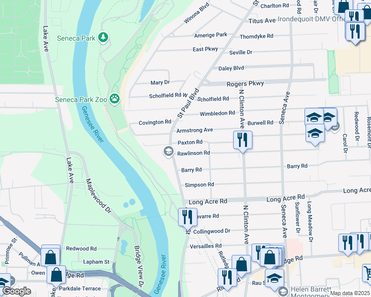 map of restaurants, bars, coffee shops, grocery stores, and more near 47 Rawlinson Road in Rochester