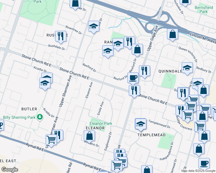 map of restaurants, bars, coffee shops, grocery stores, and more near 790 Stone Church Road East in Hamilton