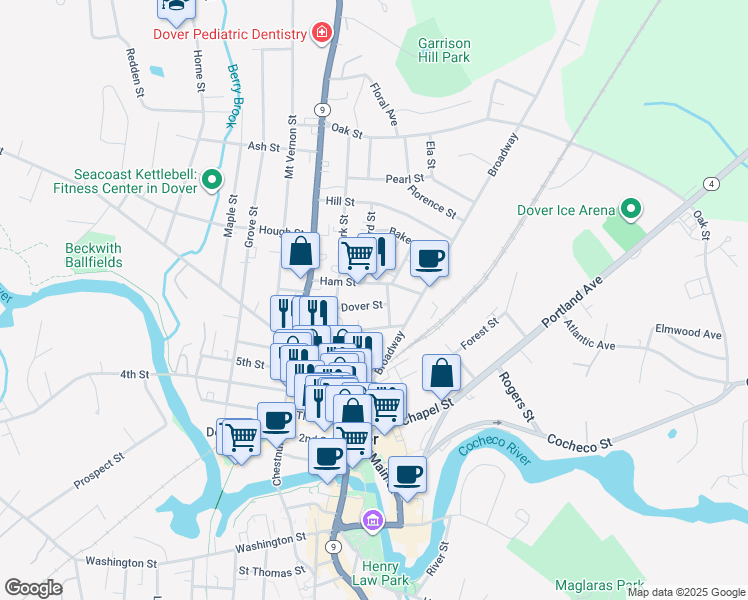 map of restaurants, bars, coffee shops, grocery stores, and more near 20 Dover Street in Dover