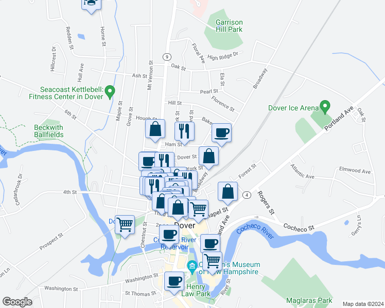 map of restaurants, bars, coffee shops, grocery stores, and more near 32 New York Street in Dover