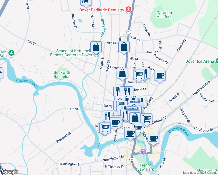 map of restaurants, bars, coffee shops, grocery stores, and more near 36 6th Street in Dover