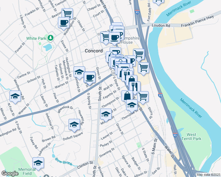map of restaurants, bars, coffee shops, grocery stores, and more near 23 Wall Street in Concord