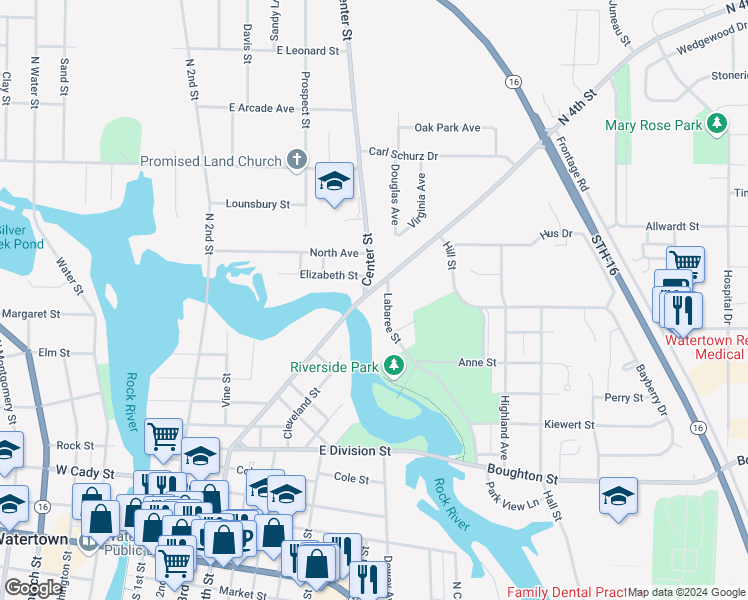 map of restaurants, bars, coffee shops, grocery stores, and more near 1004 Labaree Street in Watertown