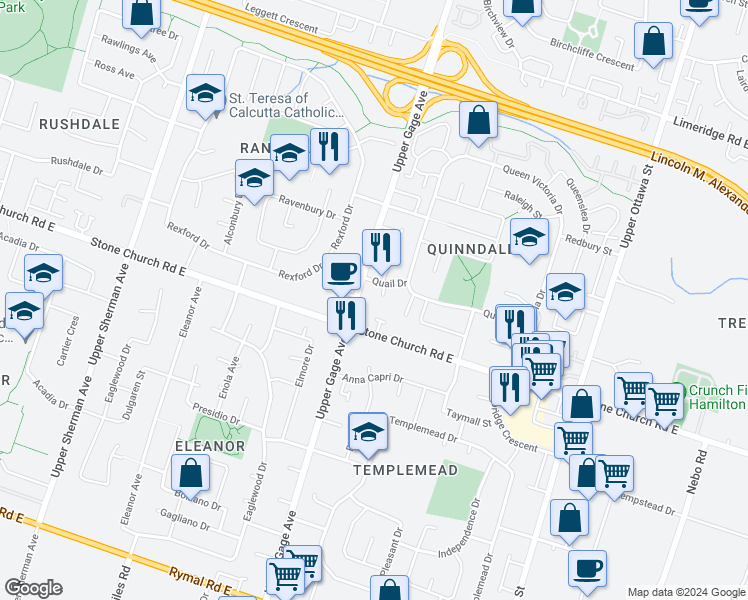 map of restaurants, bars, coffee shops, grocery stores, and more near 1355 Upper Gage Avenue in Hamilton