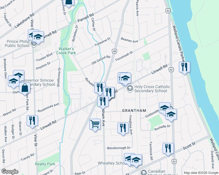 map of restaurants, bars, coffee shops, grocery stores, and more near 433 Linwell Road in St. Catharines