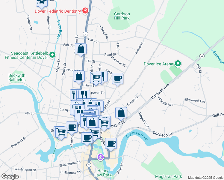 map of restaurants, bars, coffee shops, grocery stores, and more near 23 Everett Street in Dover