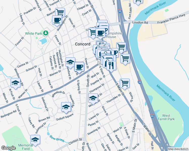 map of restaurants, bars, coffee shops, grocery stores, and more near 35 Pleasant Street in Concord