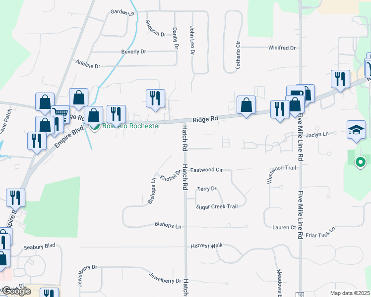 map of restaurants, bars, coffee shops, grocery stores, and more near 1064 Hatch Road in Webster