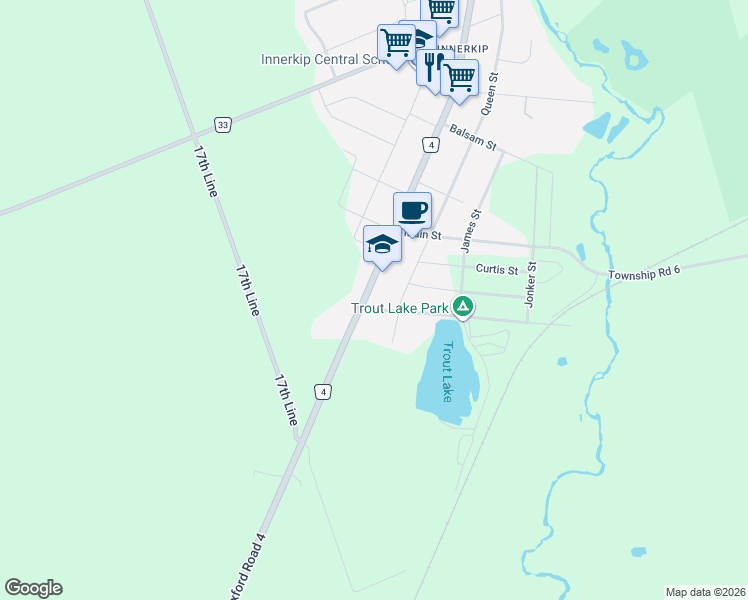 map of restaurants, bars, coffee shops, grocery stores, and more near 95 Blandford Street in Innerkip