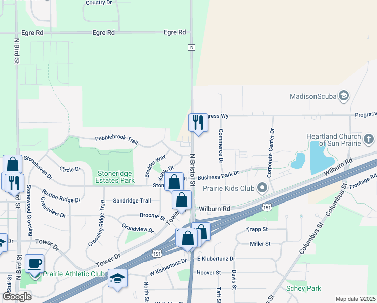 map of restaurants, bars, coffee shops, grocery stores, and more near 1905 County Highway N in Sun Prairie