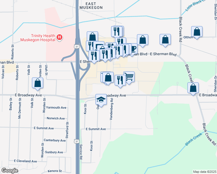 map of restaurants, bars, coffee shops, grocery stores, and more near 1773 East Sherman Boulevard in Muskegon