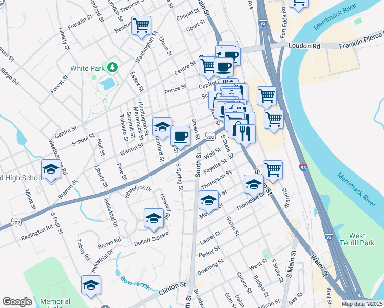 map of restaurants, bars, coffee shops, grocery stores, and more near 53 Pleasant Street in Concord