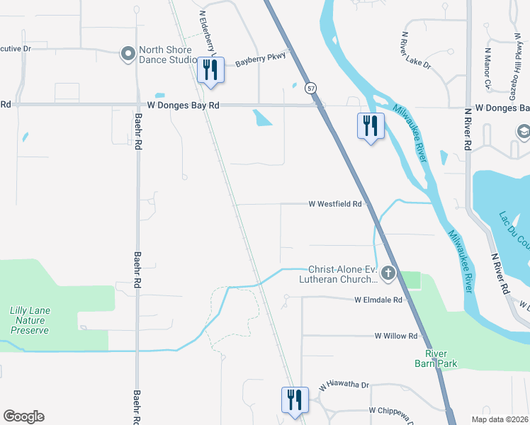 map of restaurants, bars, coffee shops, grocery stores, and more near 5328 West Westfield Road in Mequon