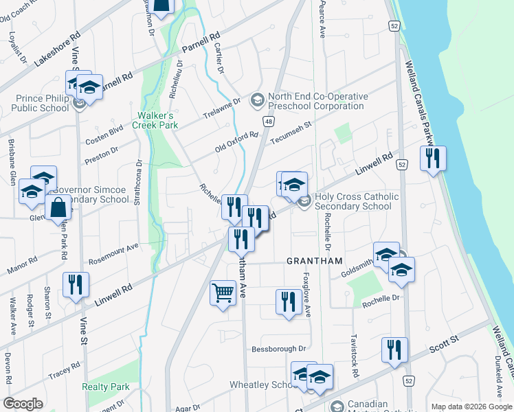 map of restaurants, bars, coffee shops, grocery stores, and more near 433 Linwell Road in St. Catharines
