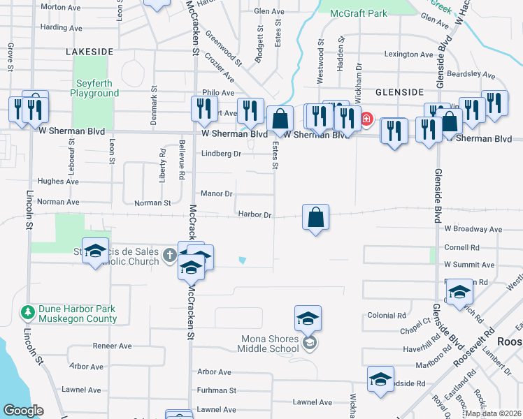 map of restaurants, bars, coffee shops, grocery stores, and more near 1821 Manor Drive in Norton Shores