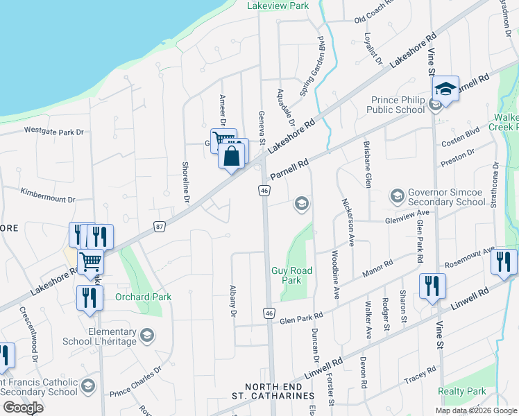 map of restaurants, bars, coffee shops, grocery stores, and more near 601 A Geneva Street in St. Catharines