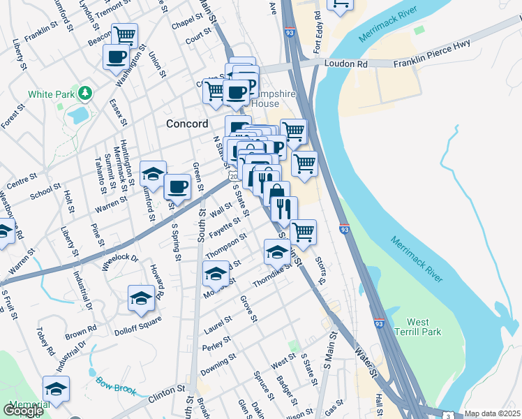 map of restaurants, bars, coffee shops, grocery stores, and more near 5 Hills Avenue in Concord