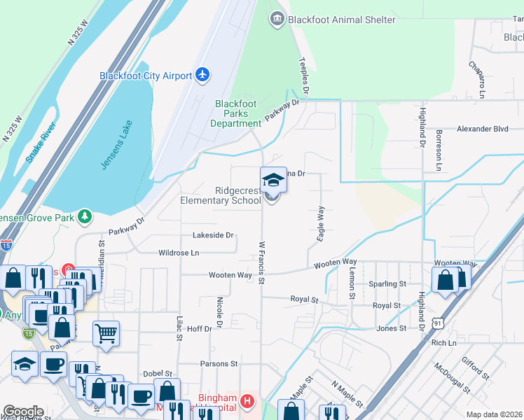 map of restaurants, bars, coffee shops, grocery stores, and more near 514 Ridgecrest Avenue in Blackfoot