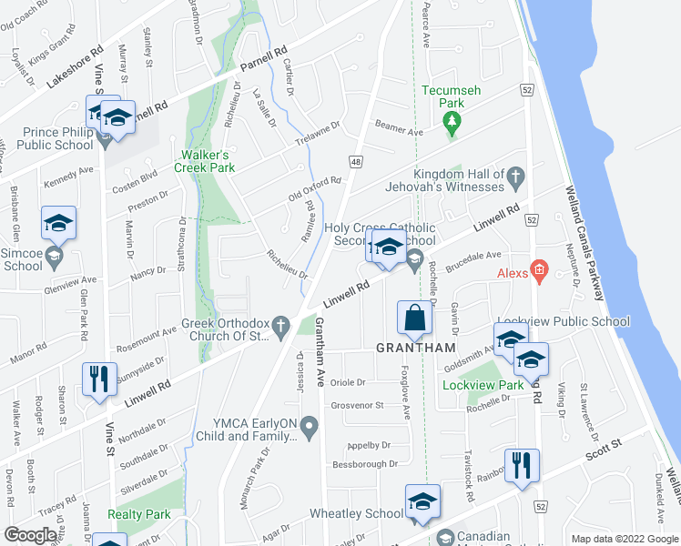 map of restaurants, bars, coffee shops, grocery stores, and more near 433 Linwell Road in St. Catharines