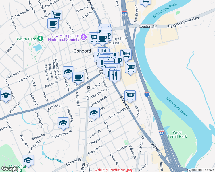map of restaurants, bars, coffee shops, grocery stores, and more near 17 South State Street in Concord