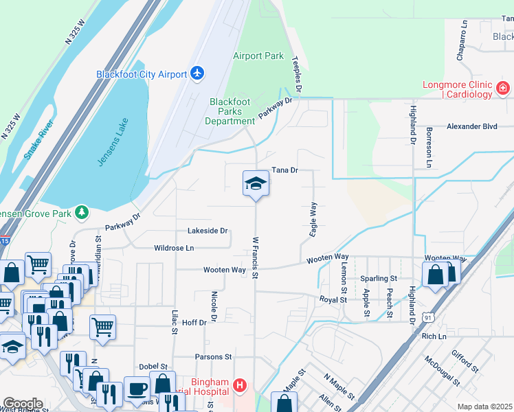 map of restaurants, bars, coffee shops, grocery stores, and more near 800 Airport Road in Blackfoot