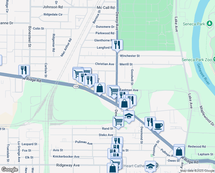 map of restaurants, bars, coffee shops, grocery stores, and more near 90 Mayflower Street in Rochester