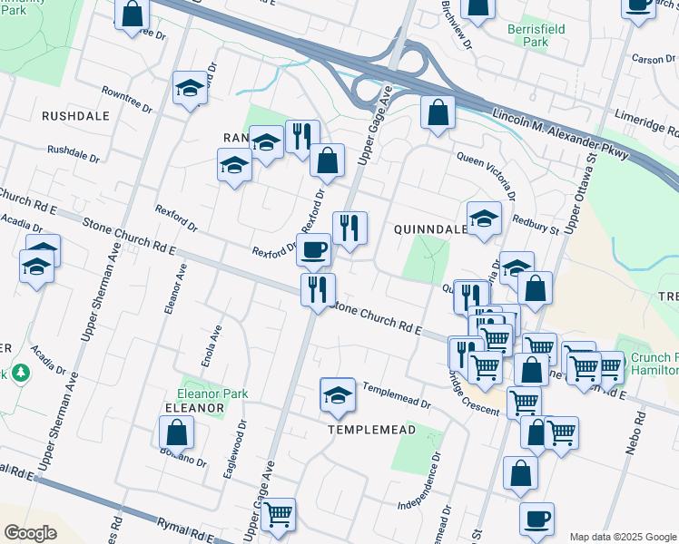 map of restaurants, bars, coffee shops, grocery stores, and more near 1355 Upper Gage Avenue in Hamilton